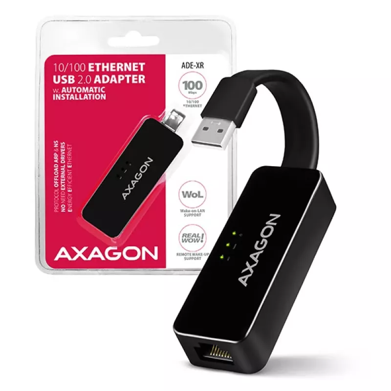 AXAGON ADE-XR USB 2.0 Typ-A auf Fast Ethernet 10/100 Adapter, RJ-45, Realtek RTL8152, schwarz, 23 g