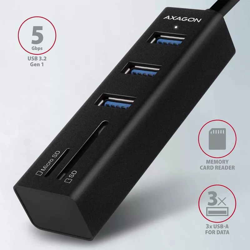 Axagon HMA-CR3A Metall USB 3.2 Gen 1 Multi-Port-Hub mit drei USB-Anschlüssen und Kartenleser