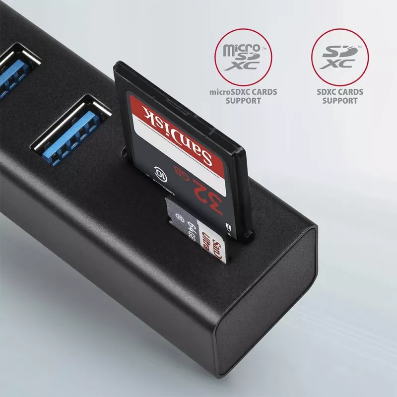 Axagon HMA-CR3A Metall USB 3.2 Gen 1 Multi-Port-Hub mit drei USB-Anschlüssen und Kartenleser