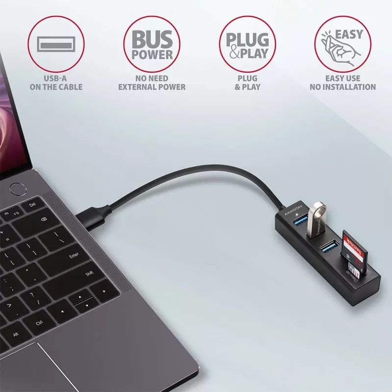 Axagon HMA-CR3A Metall USB 3.2 Gen 1 Multi-Port-Hub mit drei USB-Anschlüssen und Kartenleser