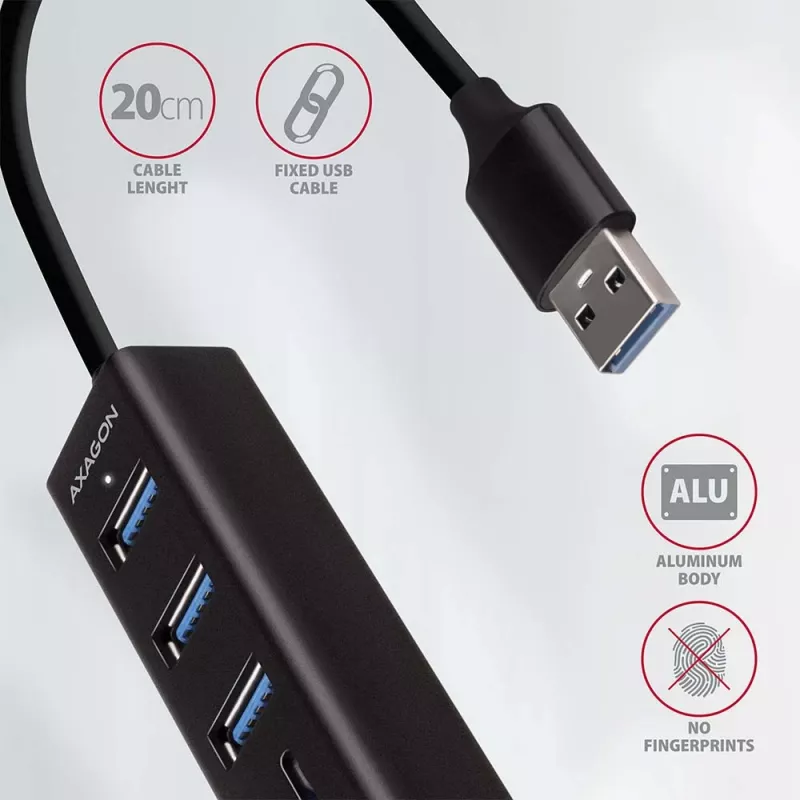 Axagon HMA-CR3A Metall USB 3.2 Gen 1 Multi-Port-Hub mit drei USB-Anschlüssen und Kartenleser