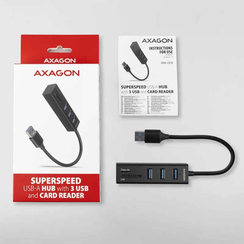 Axagon HMA-CR3A Metall USB 3.2 Gen 1 Multi-Port-Hub mit drei USB-Anschlüssen und Kartenleser