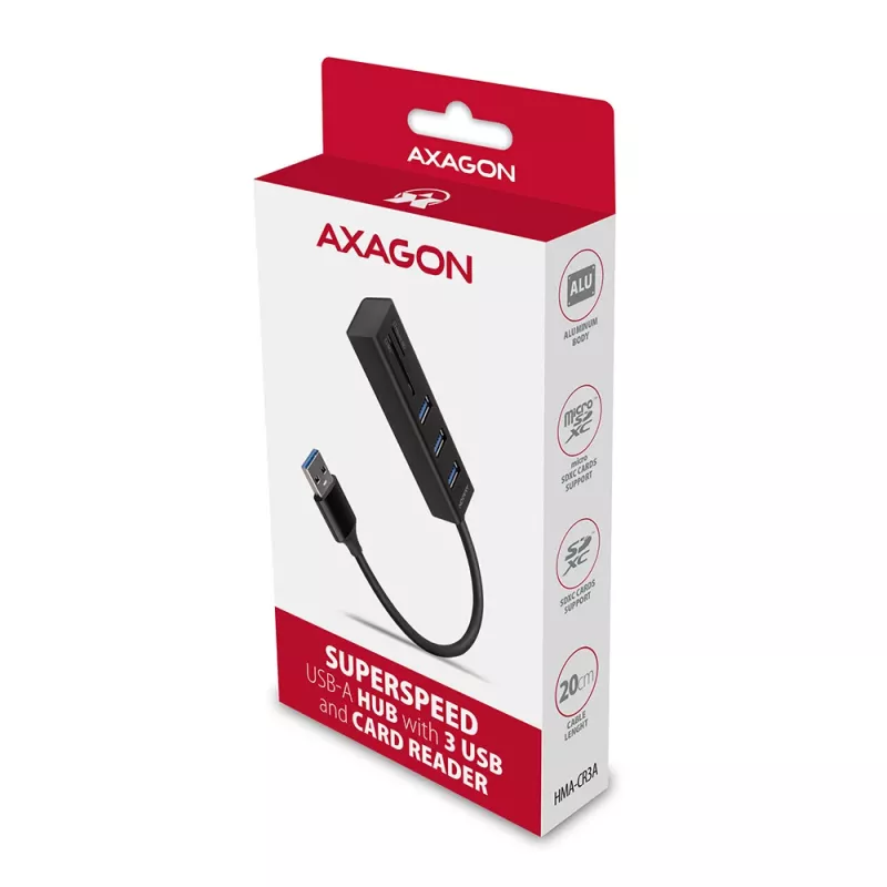 Axagon HMA-CR3A Metall USB 3.2 Gen 1 Multi-Port-Hub mit drei USB-Anschlüssen und Kartenleser