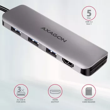 Axagon HMC-HCR3A 3x USB-A+ HDMI+ SD/microSD USB-C 3.2 Gen 1 Hub 20cm Kabelgebundener USB 3.2 Gen 1 (3.1 Gen 1) Typ-C Grau