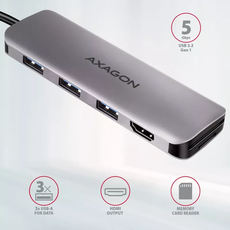 Axagon HMC-HCR3A 3x USB-A+ HDMI+ SD/microSD USB-C 3.2 Gen 1 Hub 20cm Kabelgebundener USB 3.2 Gen 1 (3.1 Gen 1) Typ-C Grau