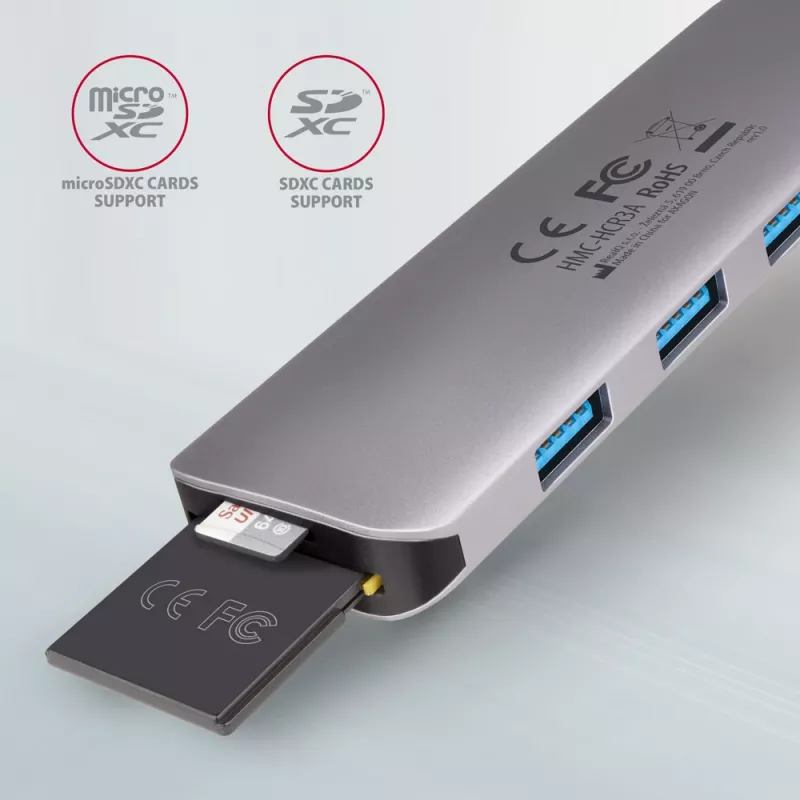 Axagon HMC-HCR3A 3x USB-A+ HDMI+ SD/microSD USB-C 3.2 Gen 1 Hub 20cm Kabelgebundener USB 3.2 Gen 1 (3.1 Gen 1) Typ-C Grau