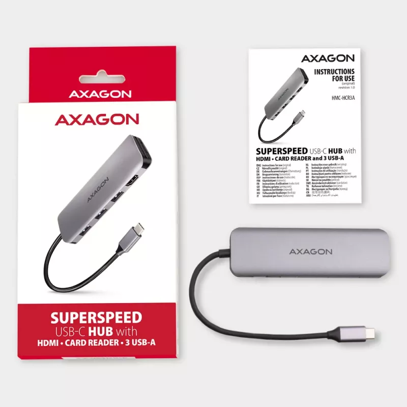 Axagon HMC-HCR3A 3x USB-A+ HDMI+ SD/microSD USB-C 3.2 Gen 1 Hub 20cm Kabelgebundener USB 3.2 Gen 1 (3.1 Gen 1) Typ-C Grau