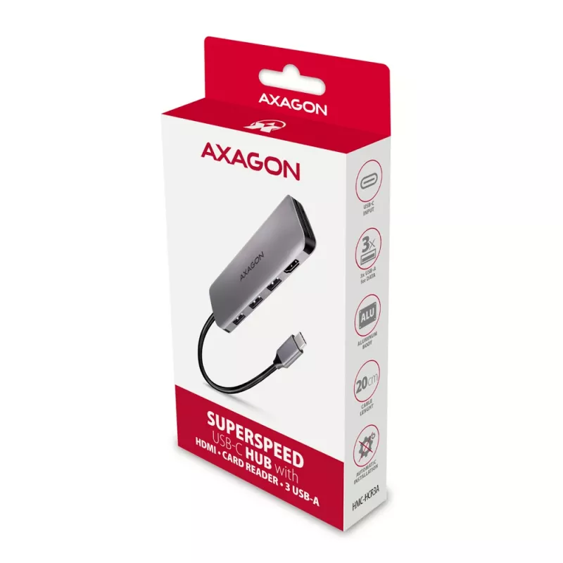 Axagon HMC-HCR3A 3x USB-A+ HDMI+ SD/microSD USB-C 3.2 Gen 1 Hub 20cm Kabelgebundener USB 3.2 Gen 1 (3.1 Gen 1) Typ-C Grau