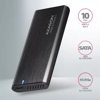 Axagon EEM2-SB2 Externes USB-C 3.2 Gen 2 Metallgehäuse für M.2 NVMe & SATA SSD-Festplatten. Schraubenlos