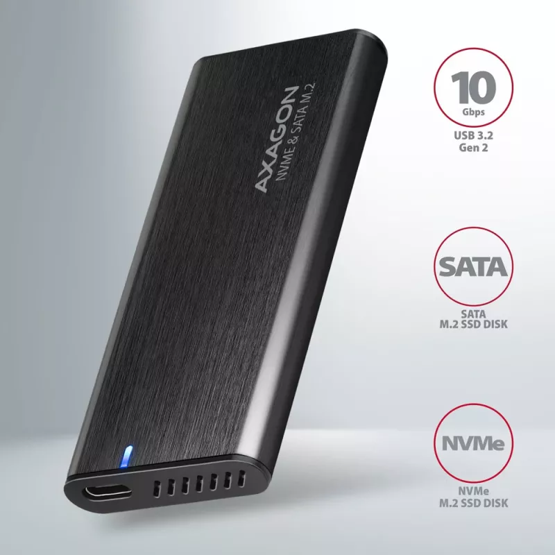 Axagon EEM2-SB2 Externes USB-C 3.2 Gen 2 Metallgehäuse für M.2 NVMe & SATA SSD-Festplatten. Schraubenlos