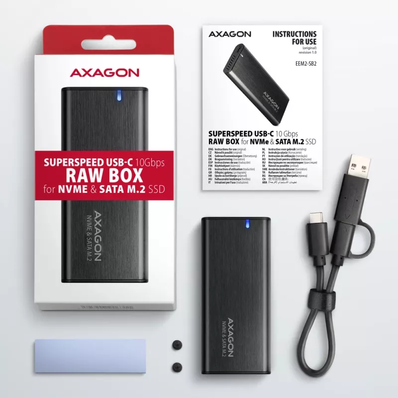 Axagon EEM2-SB2 Externes USB-C 3.2 Gen 2 Metallgehäuse für M.2 NVMe & SATA SSD-Festplatten. Schraubenlos