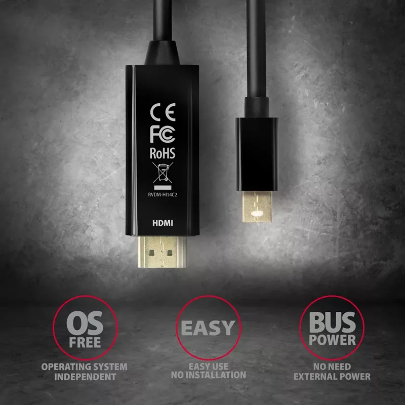 Axagon RVDM-HI14C2 Mini DisplayPort auf HDMI Adapterkabel 4K 30Hz 1,8m