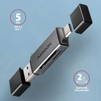 Axagon CRE-DAC USB-C+ USB-A 5 Gbps MINI 2-Slot & LUN SD/microSD Kartenleser USB 3.0 Type-A/Type-C Grau