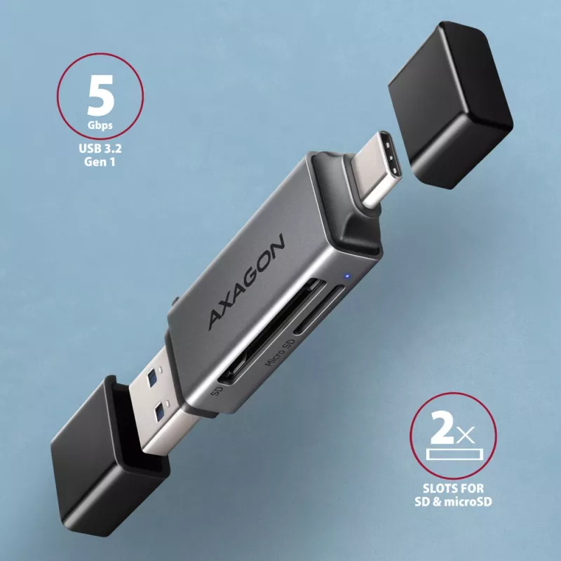 Axagon CRE-DAC USB-C+ USB-A 5 Gbps MINI 2-Slot & LUN SD/microSD Kartenleser USB 3.0 Type-A/Type-C Grau