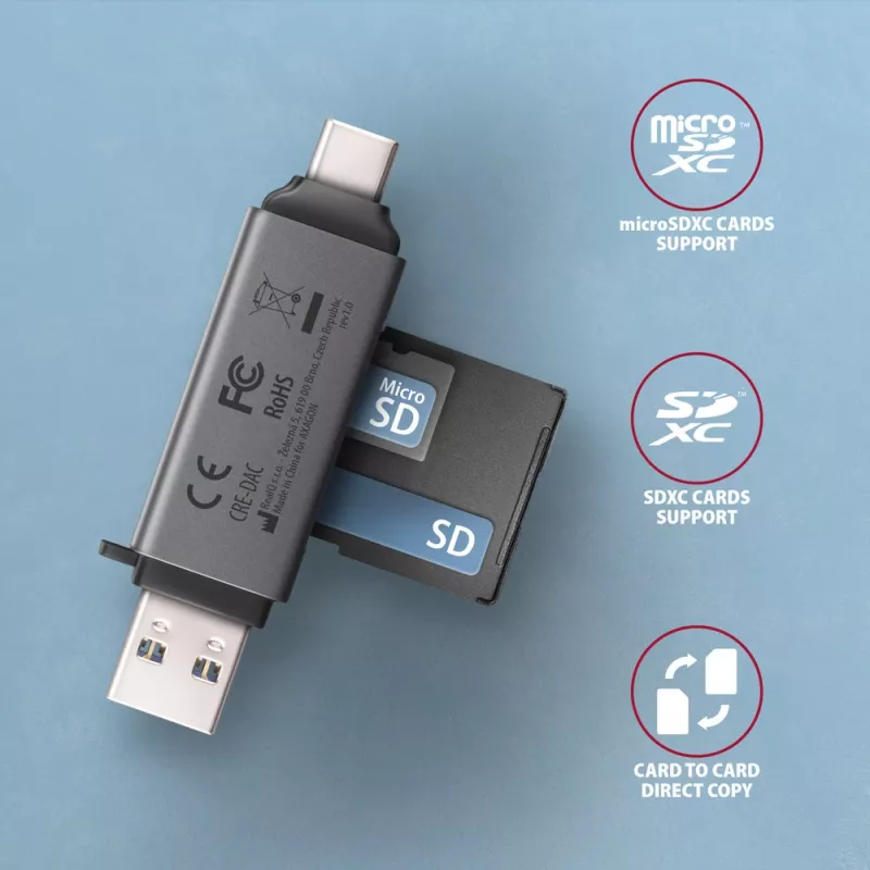 Axagon CRE-DAC USB-C+ USB-A 5 Gbps MINI 2-Slot & LUN SD/microSD Kartenleser USB 3.0 Type-A/Type-C Grau