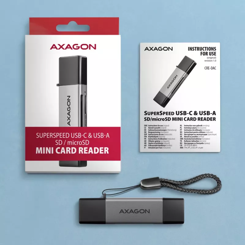 Axagon CRE-DAC USB-C+ USB-A 5 Gbps MINI 2-Slot & LUN SD/microSD Kartenleser USB 3.0 Type-A/Type-C Grau