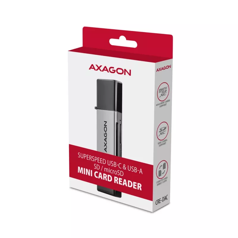 Axagon CRE-DAC USB-C+ USB-A 5 Gbps MINI 2-Slot & LUN SD/microSD Kartenleser USB 3.0 Type-A/Type-C Grau
