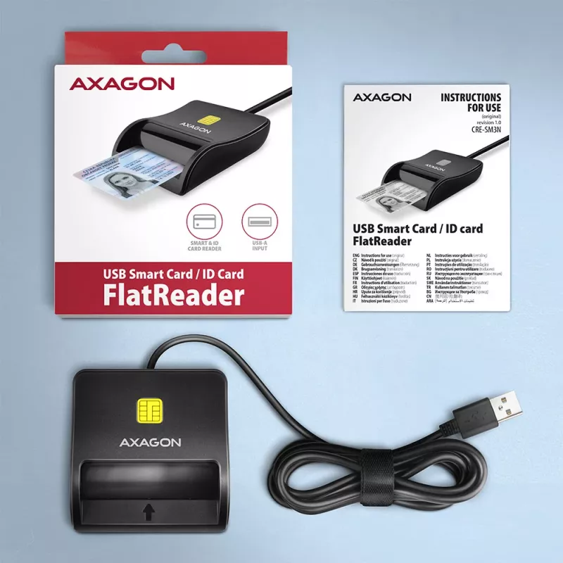 Axagon CRE-SM3N USB-A Smartcard-/ID-Karten-Flachlesegerät, USB 2.0, 1,3 m, Schwarz, 57 g