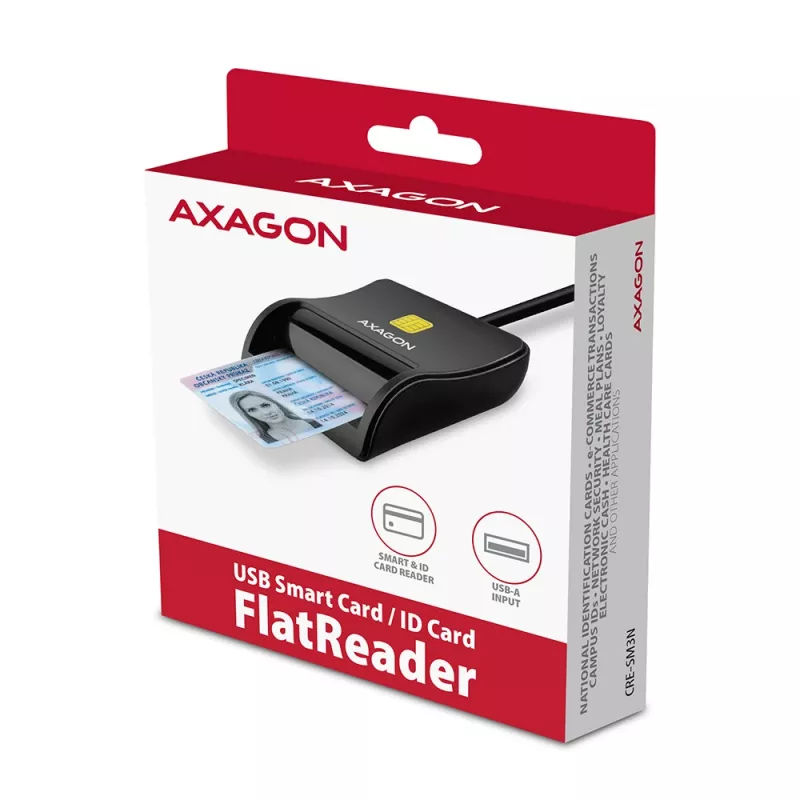Axagon CRE-SM3N USB-A Smartcard-/ID-Karten-Flachlesegerät, USB 2.0, 1,3 m, Schwarz, 57 g