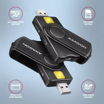Axagon CRE-SMP2A USB Smartcard- & SD/microSD/SIM PocketReader Kartenleser Indoor USB Typ-A/USB Typ-C Schwarz