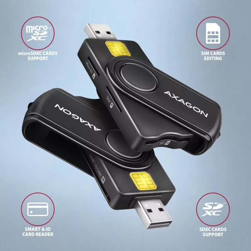 Axagon CRE-SMP2A USB Smartcard- & SD/microSD/SIM PocketReader Kartenleser Indoor USB Typ-A/USB Typ-C Schwarz