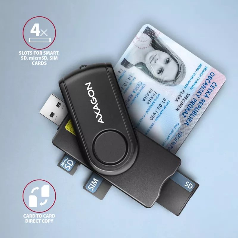 Axagon CRE-SMP2A USB Smartcard- & SD/microSD/SIM PocketReader Kartenleser Indoor USB Typ-A/USB Typ-C Schwarz