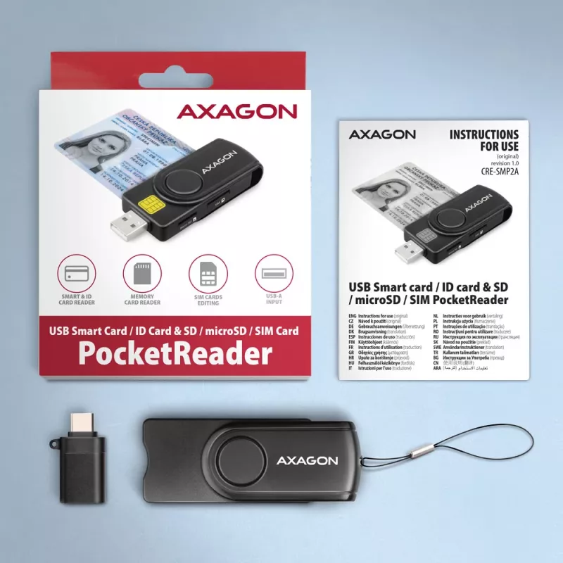 Axagon CRE-SMP2A USB Smartcard- & SD/microSD/SIM PocketReader Kartenleser Indoor USB Typ-A/USB Typ-C Schwarz