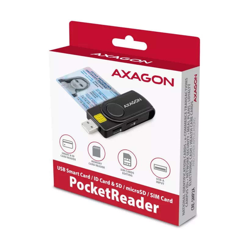 Axagon CRE-SMP2A USB Smartcard- & SD/microSD/SIM PocketReader Kartenleser Indoor USB Typ-A/USB Typ-C Schwarz