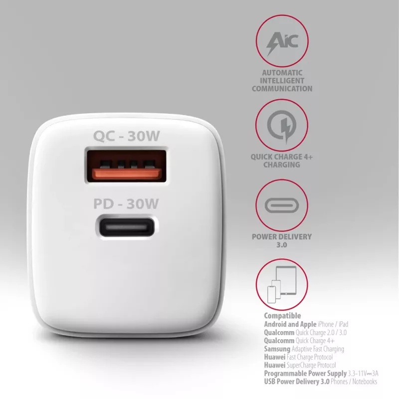 Ladegerät Axagon ACU-PQ30W QC3.0 30W USB-C Weiß