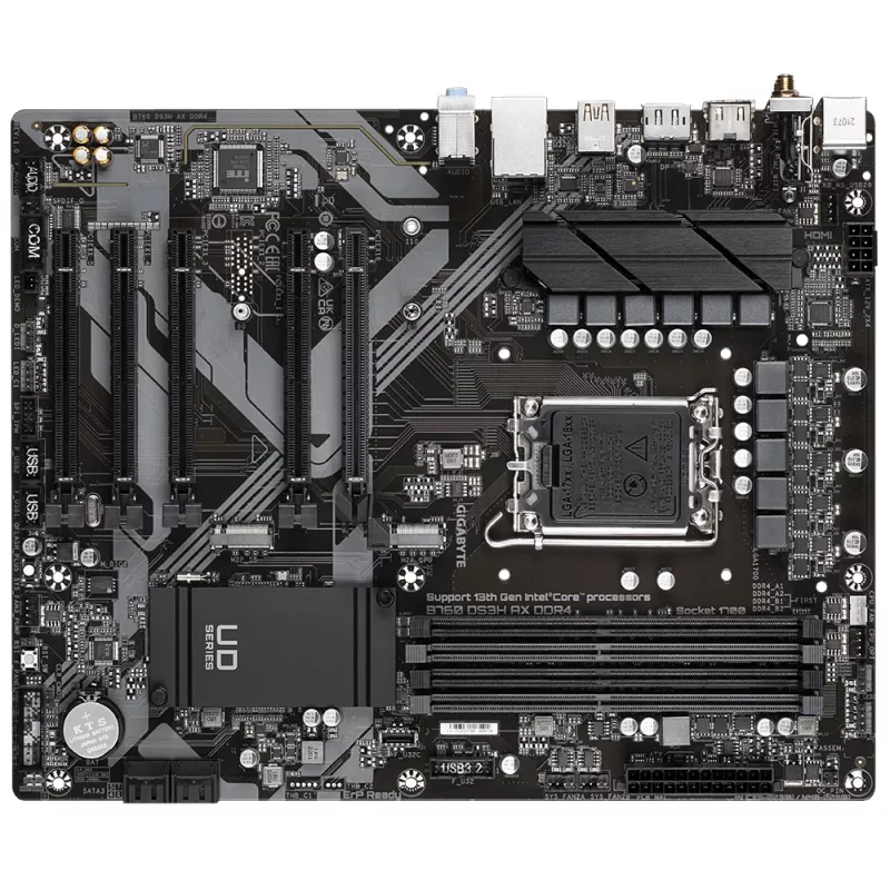 GIGABYTE B760 DS3H AX DDR4 Mainboard - Unterstützt Intel Core 14. CPUs, 8+2+1 Phasen Digital VRM, bis zu 5333MHz DDR4 (OC), 2xPCIe 4.0 M.2, Wi-Fi 6E, GbE LAN, USB 3.2 Gen 2