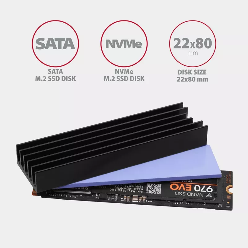 Axagon CLR-M2L10 Passiver Aluminium-Kühlkörper für alle M.2 SSDs, Größe 2280, 10 mm hoch.