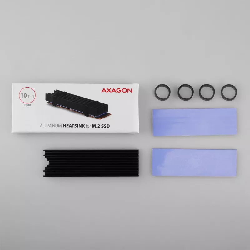 Axagon CLR-M2L10 Passiver Aluminium-Kühlkörper für alle M.2 SSDs, Größe 2280, 10 mm hoch.