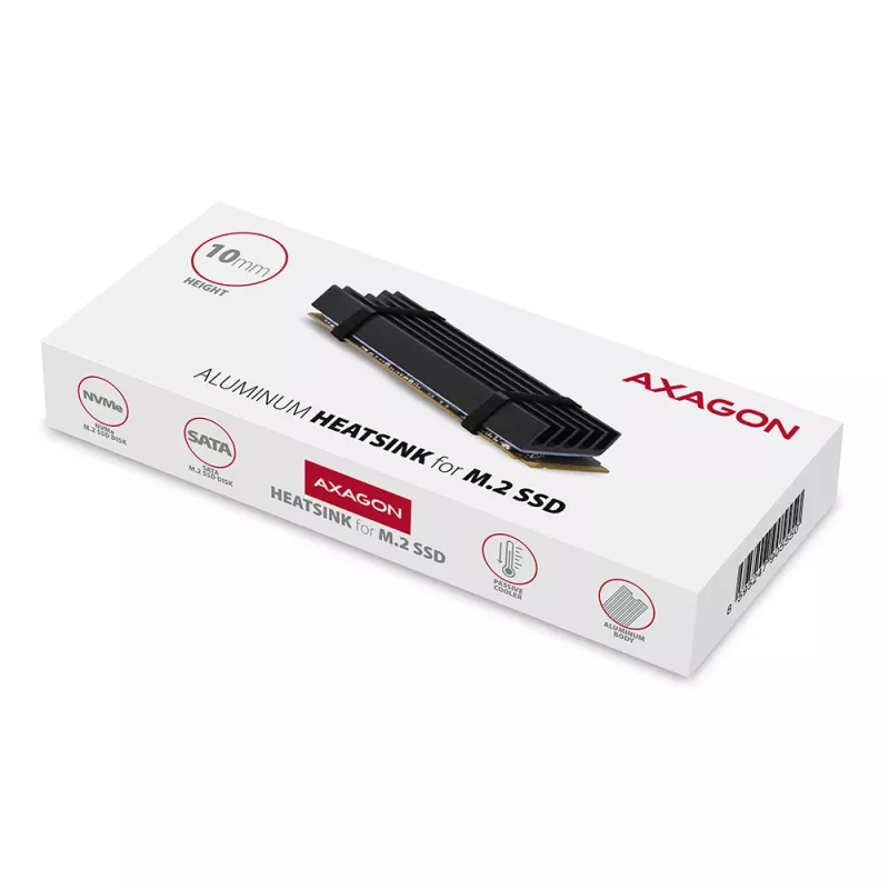 Axagon CLR-M2L10 Passiver Aluminium-Kühlkörper für alle M.2 SSDs, Größe 2280, 10 mm hoch.