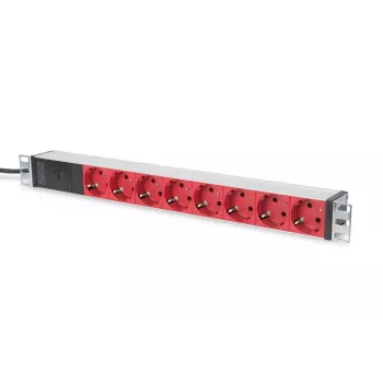DIGITUS 1U Aluminium PDU, rackmontierbar 10A Stecker, 250VAC 50/60Hz, 8x ROTE CEE 7/7 Steckdose vorgesichert, IEC C14 Stecker