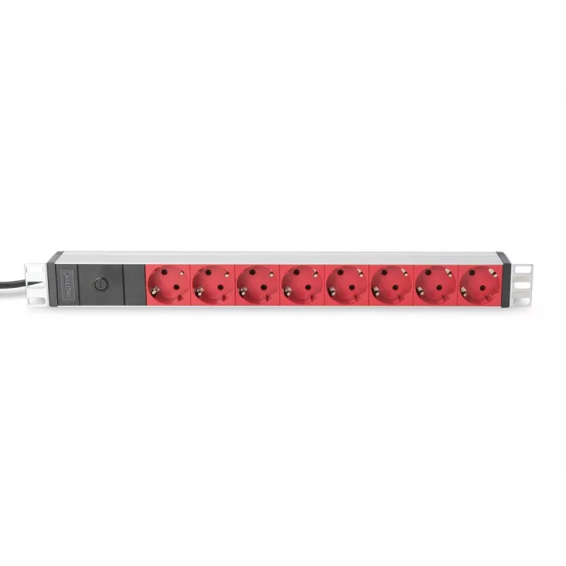 DIGITUS 1U Aluminium PDU, rackmontierbar 10A Stecker, 250VAC 50/60Hz, 8x ROTE CEE 7/7 Steckdose vorgesichert, IEC C14 Stecker