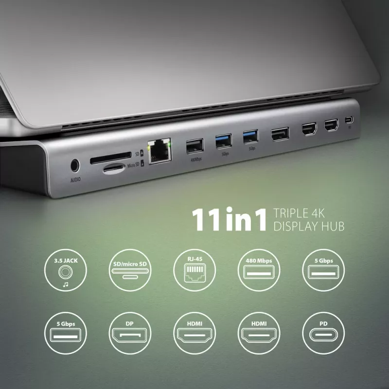 Dockingstation Axagon HMC-4KX3 USB-C 5Gbps Hub, 3x USB-A, 2x HDMI, DP, RJ-45, SD/microSD, Audio, PD 100W, Kabel 40cm