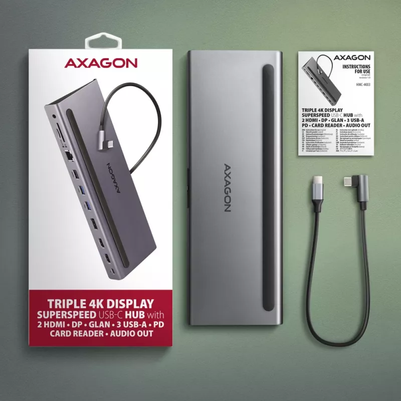 Dockingstation Axagon HMC-4KX3 USB-C 5Gbps Hub, 3x USB-A, 2x HDMI, DP, RJ-45, SD/microSD, Audio, PD 100W, Kabel 40cm