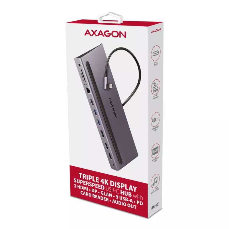 Dockingstation Axagon HMC-4KX3 USB-C 5Gbps Hub, 3x USB-A, 2x HDMI, DP, RJ-45, SD/microSD, Audio, PD 100W, Kabel 40cm