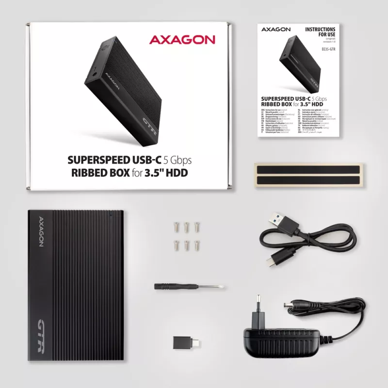 Axagon EE35-GTR USB-C 5Gbps - SATA 6G, 3.5 RIBBED box BLACK - USB Typ C HDD-Gehäuse 3,5 Zoll