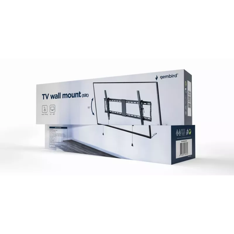 TV-Wandhalterung Gembird WM-90T-01 für Bildschirme von 43–90 Zoll, VESA 200x200–800x400, Neigung -12°–3°, 70 kg Tragkraft, schwarz