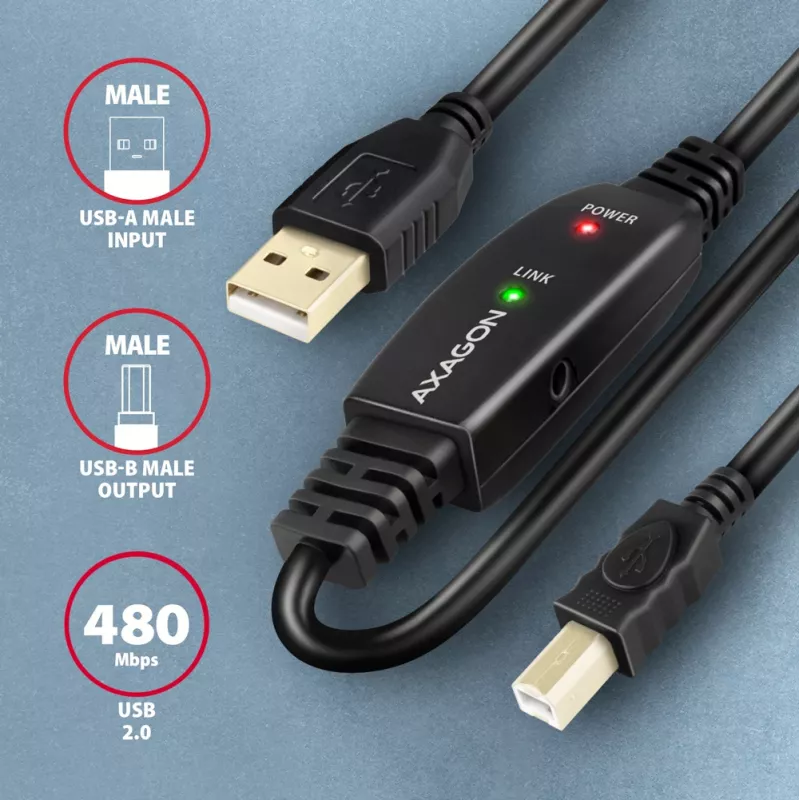 Axagon ADR-215B USB 2.0 A-M -> B-M aktives Verbindungs-/Repeaterkabel 15 m