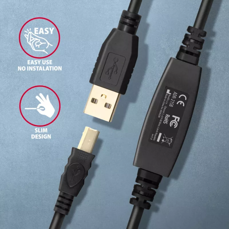 Axagon ADR-215B USB 2.0 A-M -> B-M aktives Verbindungs-/Repeaterkabel 15 m