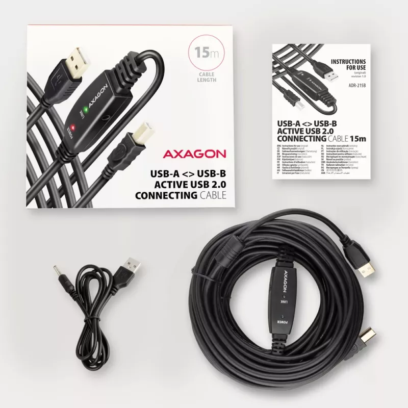Axagon ADR-215B USB 2.0 A-M -> B-M aktives Verbindungs-/Repeaterkabel 15 m