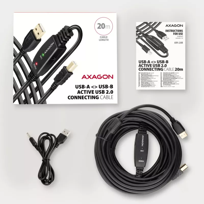 Axagon ADR-220B aktives USB 2.0 A-M -> B-M Verbindungs-/Repeaterkabel 20 m