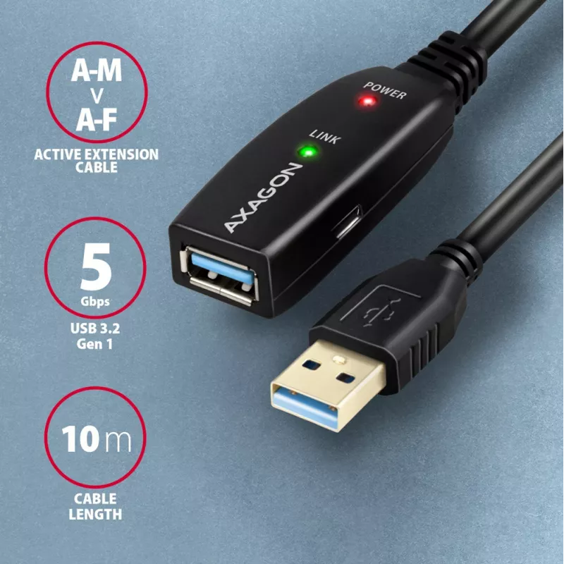 Axagon ADR-310 USB 3.2 Gen 1 A-M -> A-F aktives Verlängerungs-/Repeaterkabel 10m