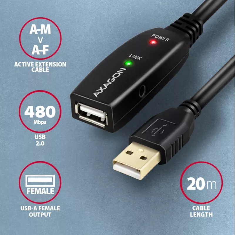 Axagon ADR-220 USB 2.0 A-M -> A-F aktives Verlängerungs-/Repeaterkabel 20 m