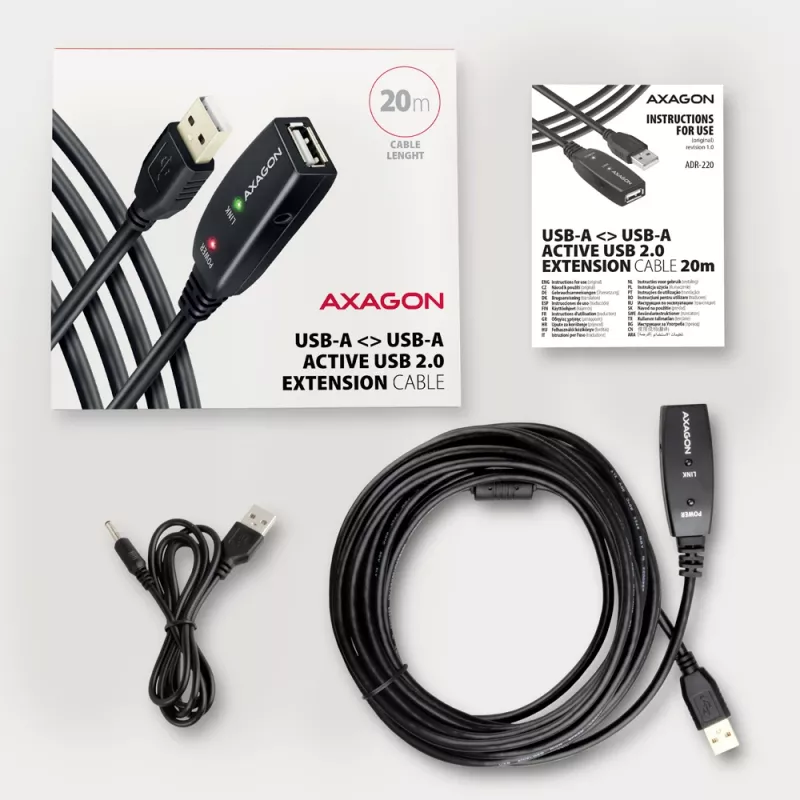 Axagon ADR-220 USB 2.0 A-M -> A-F aktives Verlängerungs-/Repeaterkabel 20 m