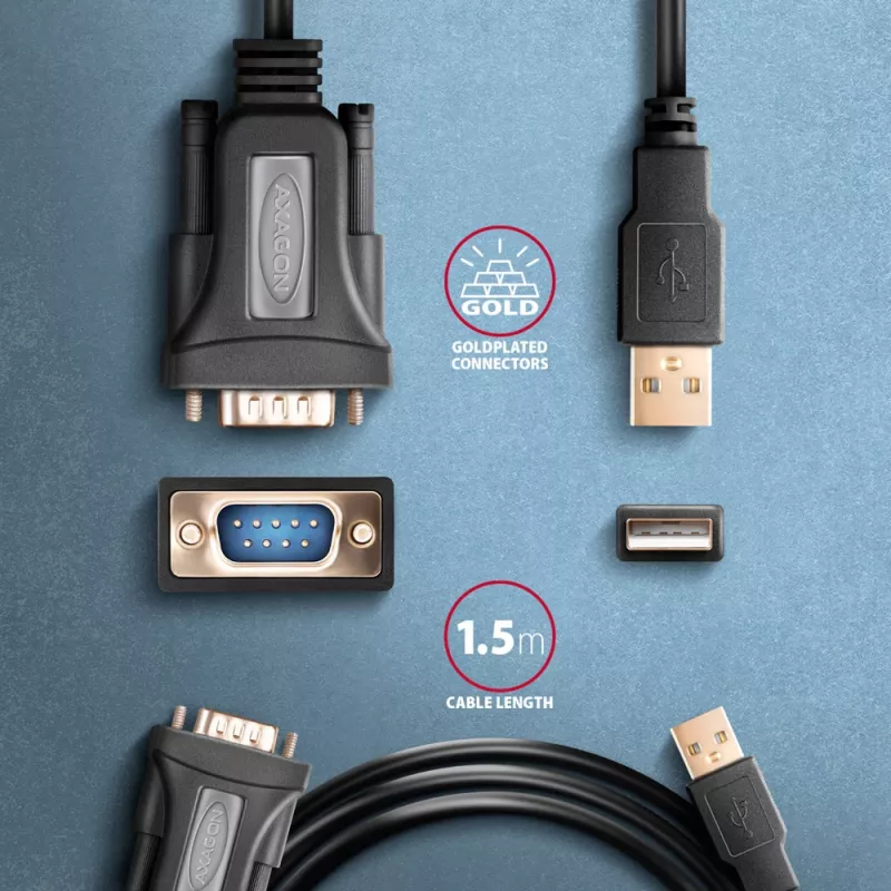 Axagon ADS-1PQN USB-A 2.0 - Seriell RS-232 DB9-M FTDI-Adapterkabel