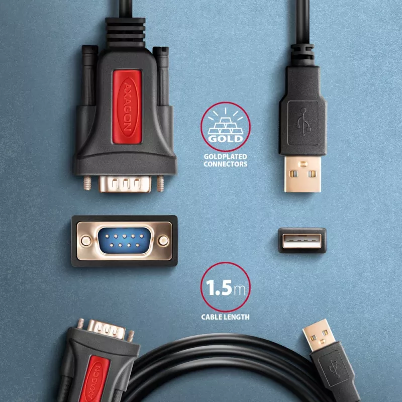 Axagon ADS-1PSN USB-A 2.0 - seriell RS-232 DB9-M Prolific Adapterkabel 1,5 m