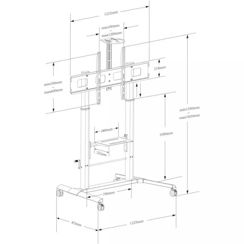 Multimedia-Wagen TECHLY ICA-TR230 Schwarz für Flachbildschirm bis zu 110 Zoll, VESA 900x600, Höhe 1850 mm, Traglast 120 kg